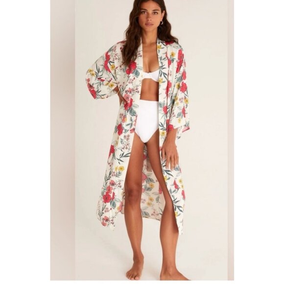 Resort Floral Kimono Robe M White Multicolor Belted Floral Bed to Beach Pool